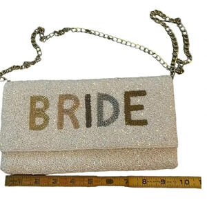 Bride Metallic Beaded Lettered Gold Chain Strap Seed Beaded Clutch Purse